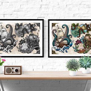 May include: Two framed prints of nautical themed illustrations. The prints are in black and white and colour. Each print features an octopus, a ship, a diving helmet, and a bottle with a message in it.