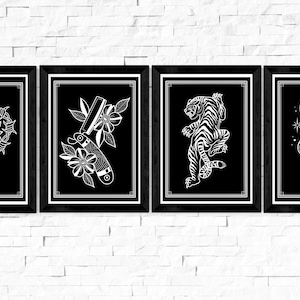 Lot de 4 cartes postales de tatouage Trad, noires, A6, collection, art de la conception de tatouage, coupe-gorge, serpent, coeur, tigre, décoration d'intérieur, cadeau, simple, patchwork