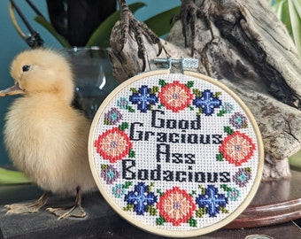 Good Gracious Ass Embroidery Hoop, finished piece, tapestry, cross stitch, feminist, feminism, nelly, decor, cute, funny, gift, lyrics