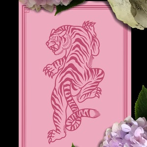 May include: A pink and white print of a stylized tiger on a pink background with a decorative border. The tiger is facing left and has a curled tail.