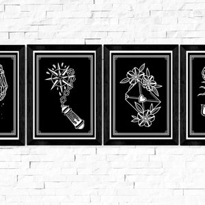 Lot de 4 cartes postales de tatouage Trad, noires, A6, collection, design de tatouage, masse, enveloppe, coeur, scorpion, squelette, décoration d'intérieur, cadeau, patchwork