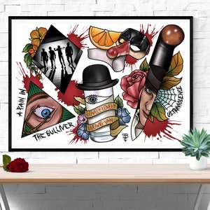 以下が含まれることがあります： 白い背景に、カラフルなタトゥーのデザインがいくつか描かれています。デザインには、ナイフ、バラ、目、ボウラーハット、人々のグループ、柑橘類が含まれています。「A Pain In The Gulliver」、「Lovely Lovely Ludwig Van」、「Ultraviolence」というテキストがデザインに含まれています。