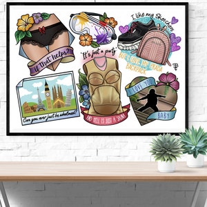 Op de afbeelding: Een ingelijst afdruk met een verzameling kleurrijke hartvormige illustraties. Elk hart heeft een ander ontwerp, waaronder een paar ondergoed, een paar beschermbrillen, een paar sneakers, een rugzak, een tanktop, een silhouet van een persoon en een stadsbeeld. De tekst in de afbeelding omvat "if that helps?", "It's just a party", "BUT I LOVE MY PRADA BACKPACK", "I LOVE YOU", "Can you ever just be whelmed?", "AND HELL IS JUST A SHAM", en "BABY".