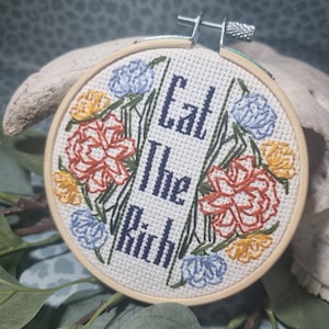 Eat The Rich Mini Embroidery Hoop, finished piece, tapestry, cross stitch, patriarchy, feminist, feminism, funny slogan, home decor, anarchy