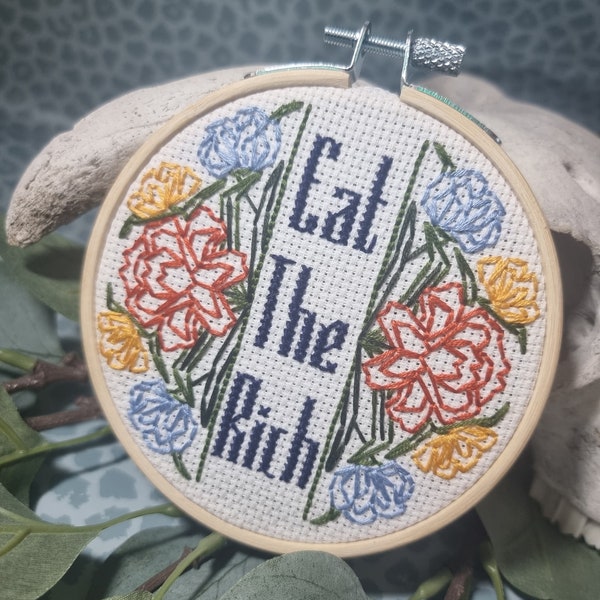 Eat The Rich Mini Embroidery Hoop, finished piece, tapestry, cross stitch, patriarchy, feminist, feminism, funny slogan, home decor, anarchy