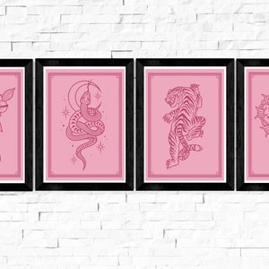 Lot de 4 cartes postales de tatouage Trad, roses, A6, collection, art de la conception de tatouage, coupe-gorge, serpent, coeur, tigre, décoration d'intérieur, cadeau, simple, patchwork