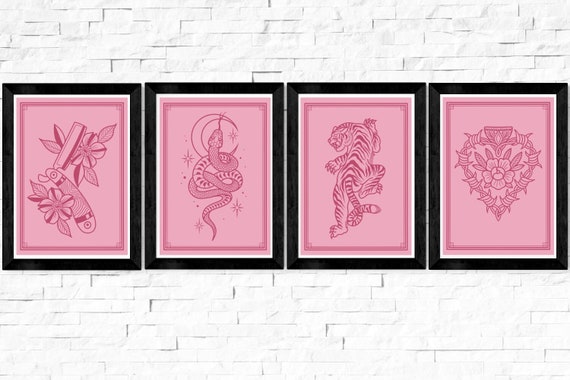4 pack Trad Tattoo Postcards, pink, A6, collection, tattoo design art, cutthroat, snake, heart, tiger, home decor, gift, simple, patchwork