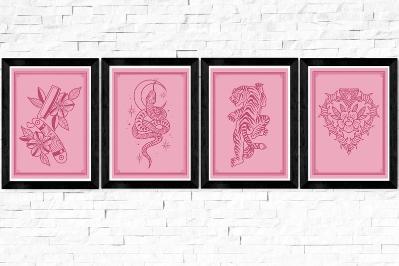 May include: Four framed prints with pink backgrounds and black frames. Each print features a different line art design: a razor, a snake, a tiger, and a heart with thorns.