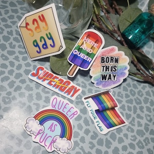 Queer Gay Gloss Sticker Pack, 6 stickers, gloss vinyl waterproof permanent sticker pack, rainbow, lgbtqia, trans, lesbian, enby, bi, asex