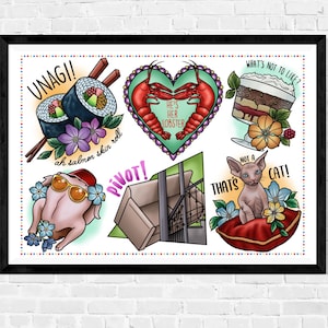 FRIENDS Tattoo Flash Sheet, A4 A3, TV, New York, Phoebe, Rachel, Joey, Monica, Chandler,