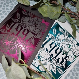 Custom Year Peony Foil Print Tattoo Style - fait sur commande, A5, A4, carte 220gsm, année de naissance, cadeau, anniversaire, vous choisissez, anniversaire