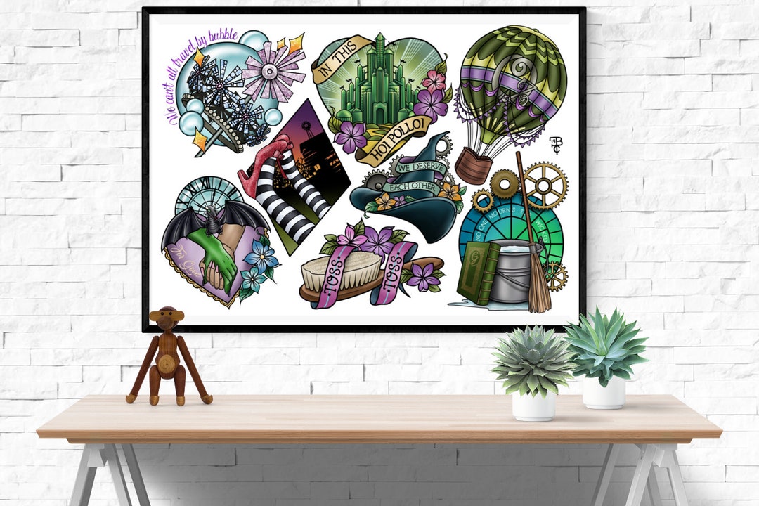 Wicked, A4, A3, Wizard of Oz Tattoo Style Flash Design Sheet, Elphaba ...