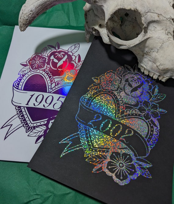 Custom Year Traditional Tattoo Heart Foil Print  - made to order, A5, A4, 220gsm card, birth year, gift, birthday, you choose, anniversary