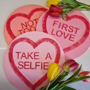 Large Lovehearts heart Custom Wall Hanging, wooden, painted, sweets, retro, nostalgia, clapback, quotes, phrases, studio, shop, decor, cute