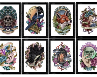 May include: Set of eight framed prints featuring various tattoo designs. The designs include a skull with a third eye, a magpie with a crown, a fox, a woman with butterflies, a hand holding a dagger, a raven, a lantern, and a skull with a green orb.
