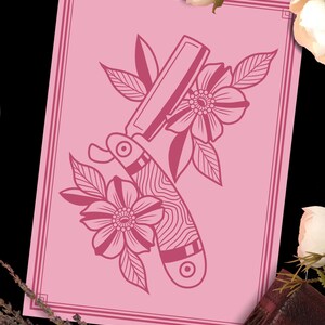 May include: A pink print with a vintage straight razor and floral design. The razor is outlined in black and the flowers are in a pink color.