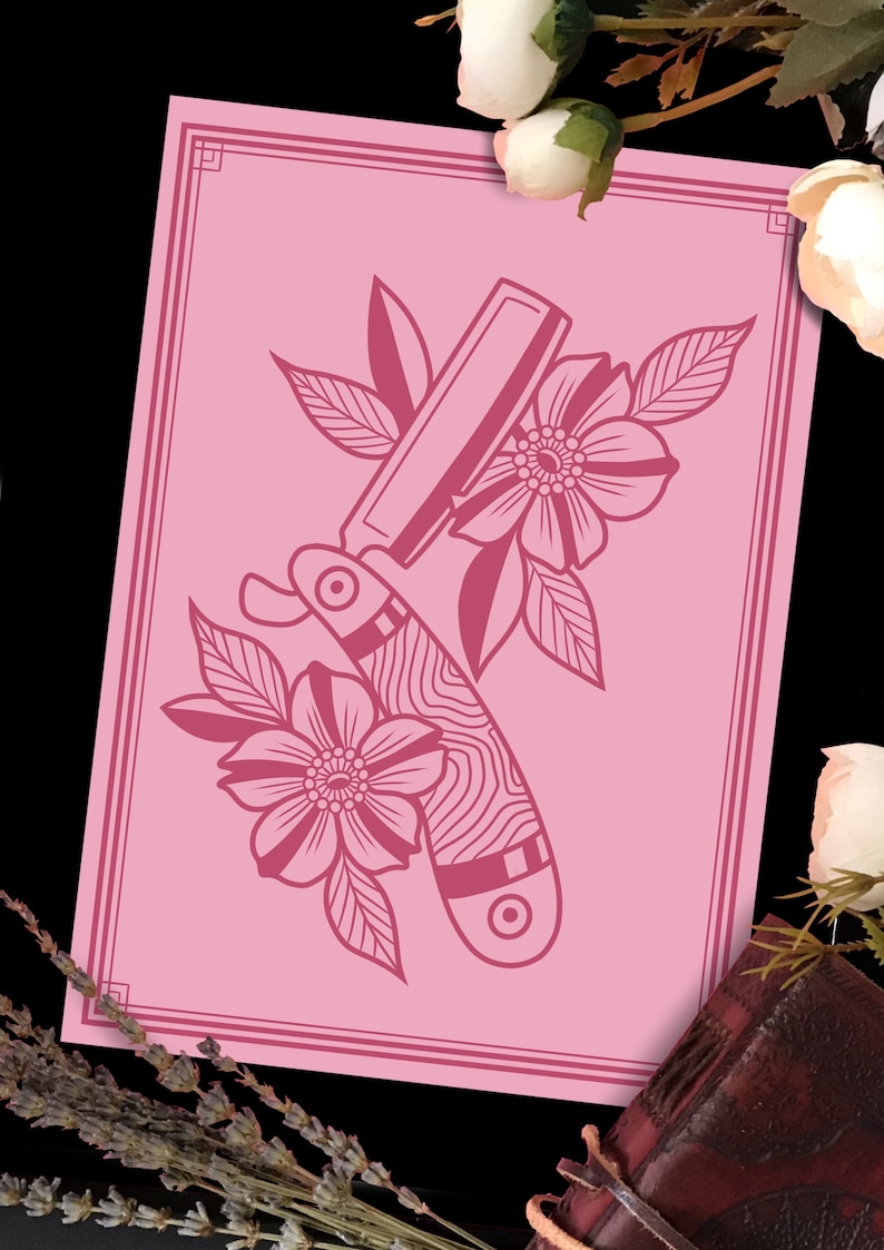 May include: A pink print with a vintage straight razor and floral design. The razor is outlined in black and the flowers are in a pink color.
