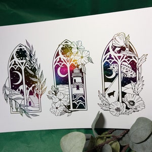 Raamset van 3 bloemenfolieprints - op bestelling gemaakt, A4, 220 gsm kaart, op zwart of wit in 12 foliekeuzes, custom, queer, lgbtq, glanzend, goblin