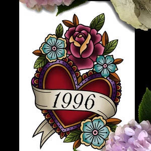 Style de tatouage imprimé floral coeur traditionnel année personnalisé - fait sur commande, A5, A4, carte 220 g/m², année de naissance, cadeau, anniversaire, anniversaire