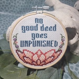 No Good Deed Mini Embroidery Hoop, finished piece, tapestry, cross stitch, Wicked, feminist, feminism, funny slogan, home decor, witch