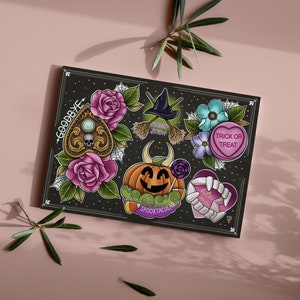 May include: A black art print with Halloween-themed tattoo-style illustrations. It features a Ouija board, roses, a witch's hat, a pumpkin, and a heart-shaped candy with the text "Trick or Treat". The word "Goodbye" is also present.