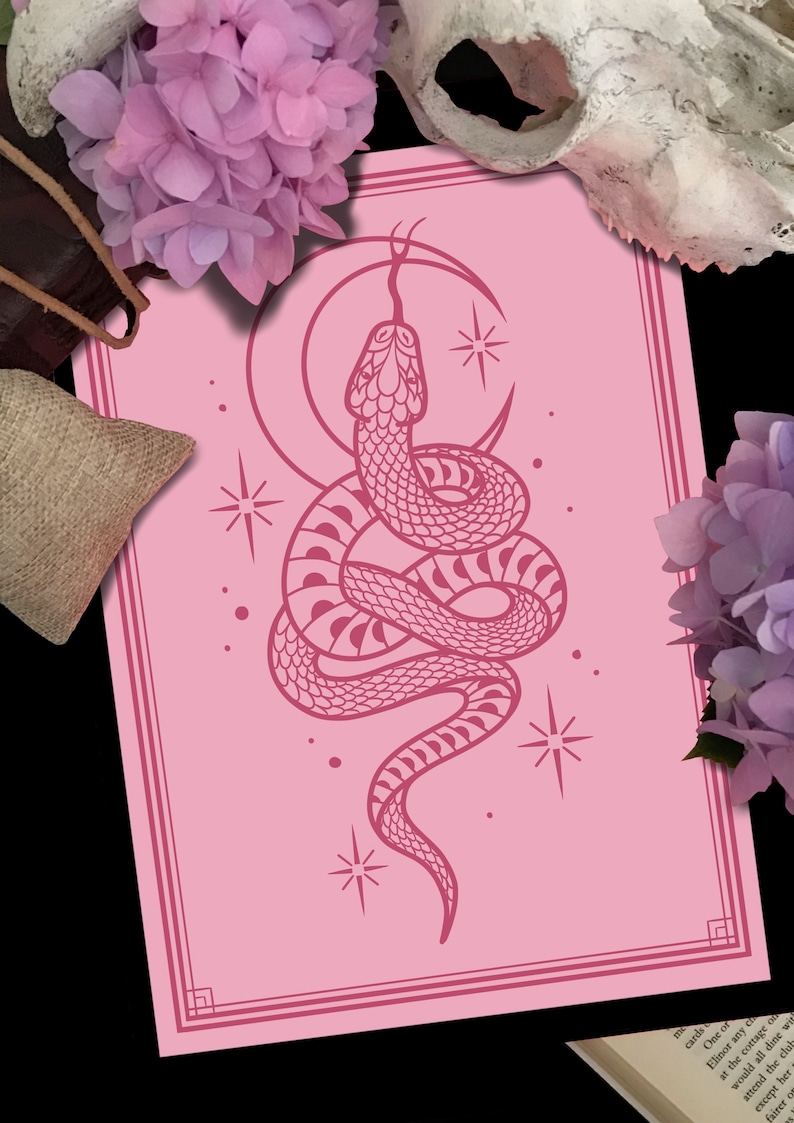 May include: A pink print with a red snake wrapped around a crescent moon with stars. The snake is detailed with scales and a pattern of smaller moons.