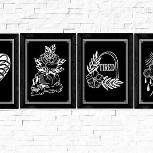 4 pack Trad Tattoo Postcards, noir, A6, collection, art de conception de tatouage, nautique, panthère, cœur, décoration intérieure, cadeau, simple, patchwork