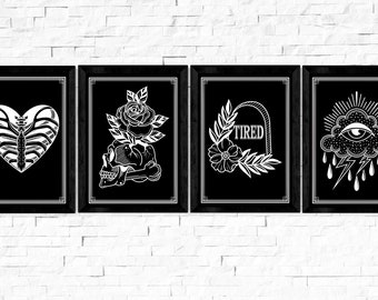 4 pack Trad Tattoo Postcards, black, A6, collection, tattoo design art, nautical, panther, heart, home decor, gift, simple, patchwork