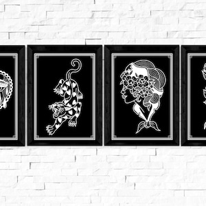 Lot de 4 cartes postales de tatouage Trad, noires, A6, collection, art de la conception de tatouage, nautique, panthère, coeur, décoration d'intérieur, cadeau, simple, patchwork