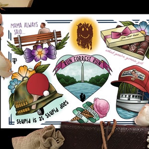 Forrest Gump Flash Sheet Art Print, Tattoo Style, A4, A3, run forrest, jenny, lieutenant Dan, bubba shrimp, film, nostalgia