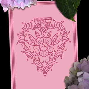 May include: A pink print with a heart-shaped design featuring a flower with leaves and a barbed wire border.