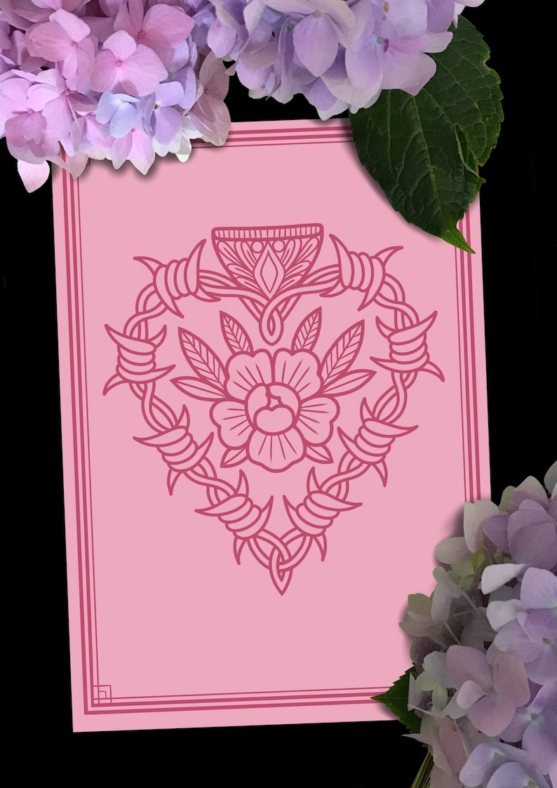 May include: A pink print with a heart-shaped design featuring a flower with leaves and a barbed wire border.