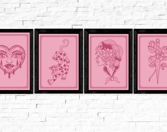 Puede incluir: Cuatro impresiones enmarcadas con fondos rosas y marcos negros. Las impresiones presentan dibujos de línea negra de un corazón que llora, una pantera, una mujer con flores en el pelo y una daga con una rosa.