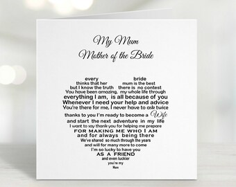 Mother of Bride Wedding Card, Sentimental Poem, Thank You Mom