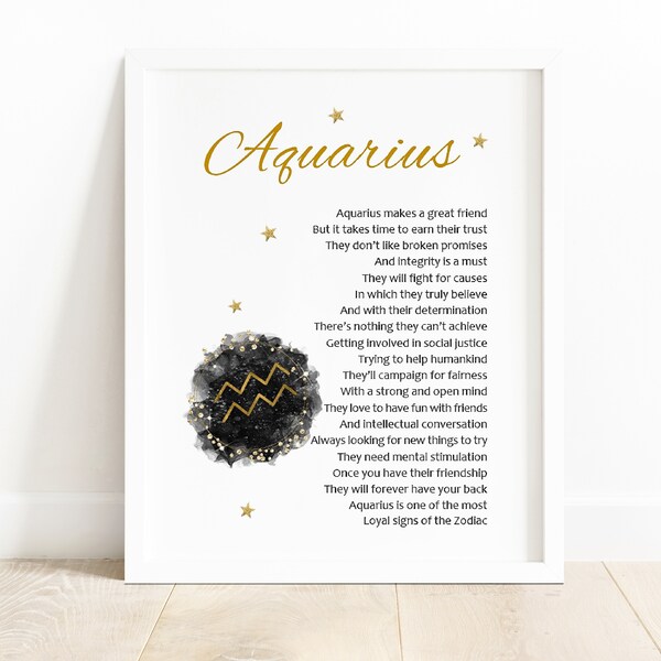 Friend Aquarius Gift, Personalised Star Sign Poem, Unique Zodiac Print, Personality Traits January Birthday, February Wall Art Quote