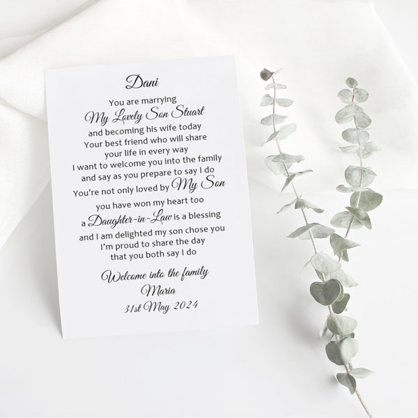 Daughter in Law, Digital Wedding card or print for new daughter, welcome to the family, Son's wedding, Parents of the groom poem to Bride