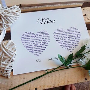 Mom Wedding Gift from Bride and Groom,  Parents Wedding Present, Mam Thank You Gift on Wedding Day, Mom Poem Wedding Print