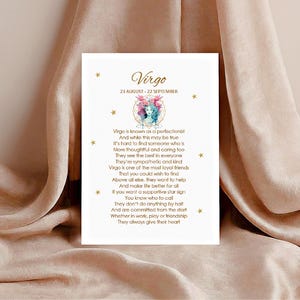 May include: A white card with the word "Virgo" in elegant script, and the dates August 23 - September 22. The card features a watercolor illustration of a woman and text describing Virgo traits, surrounded by gold stars.