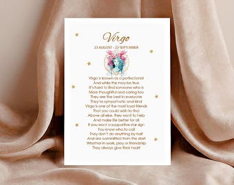 Virgo Star Sign gift for August Birthday, Friend Zodiac Horoscope Poem print, Virgoan personality traits, Libra, Cancer, Leo, Capricorn