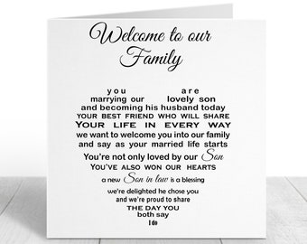 Gay Wedding Day Son in Law card, Welcome to family, Groom Poem from Mum Dad, Sentimental Verse Son and New Husband, Same Sex Wedding