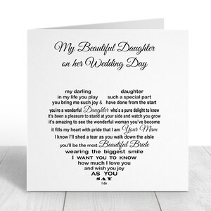 Daughter Wedding Card from Mam, To Bride from Mum, Mother of Bride, Poem from Mom, Dad to Bride, Unique Word Quotes