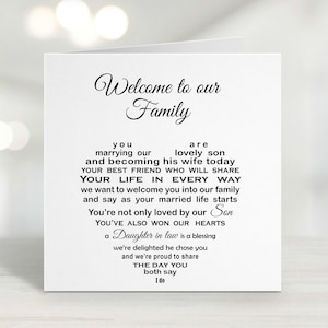 Daughter in Law, Non personalised Wedding card for new daughter, welcome to the family, Son's wedding, Parents of the groom card to Bride