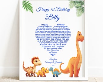 Zoon eerste verjaardag kinderkamer print, kleinzoon 1e verjaardag aandenken, babyjongen dinosaurusgedicht, neef aanwezig tante oom, peetzoon 1 jaar oud
