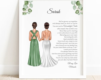 Twin Sister Getting Married, Bride Wedding Gift, Personalised Poem Print, Letter from Heaven Keepsake, Sentimental Bridesmaid Verse Picture