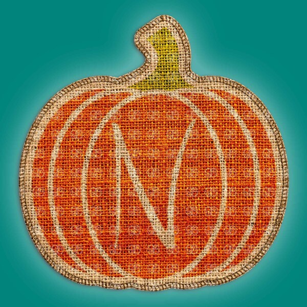 Letter N Burlap fabric painted and stitched pumpkin monogram PNG