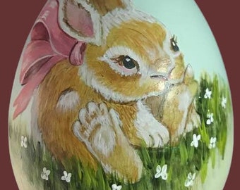 Hand painted bunny in flower field  on a 6 inch egg