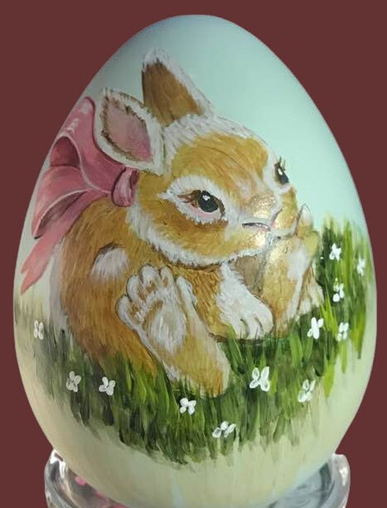 Hand painted bunny in flower field on a 6 inch egg image 1