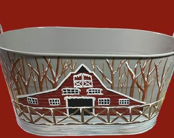 hand painted winter barn tin container