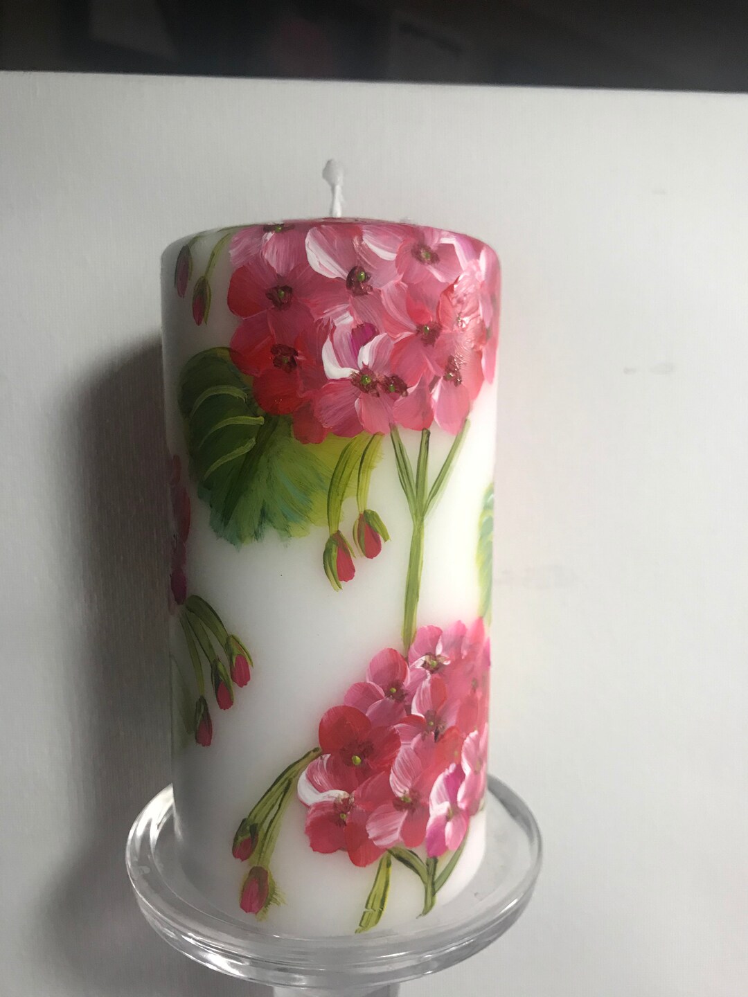 Hand Painted Geranium Pillar Candle - Etsy