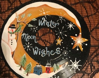 Hand painted 45 record with Winter Moon Wishes